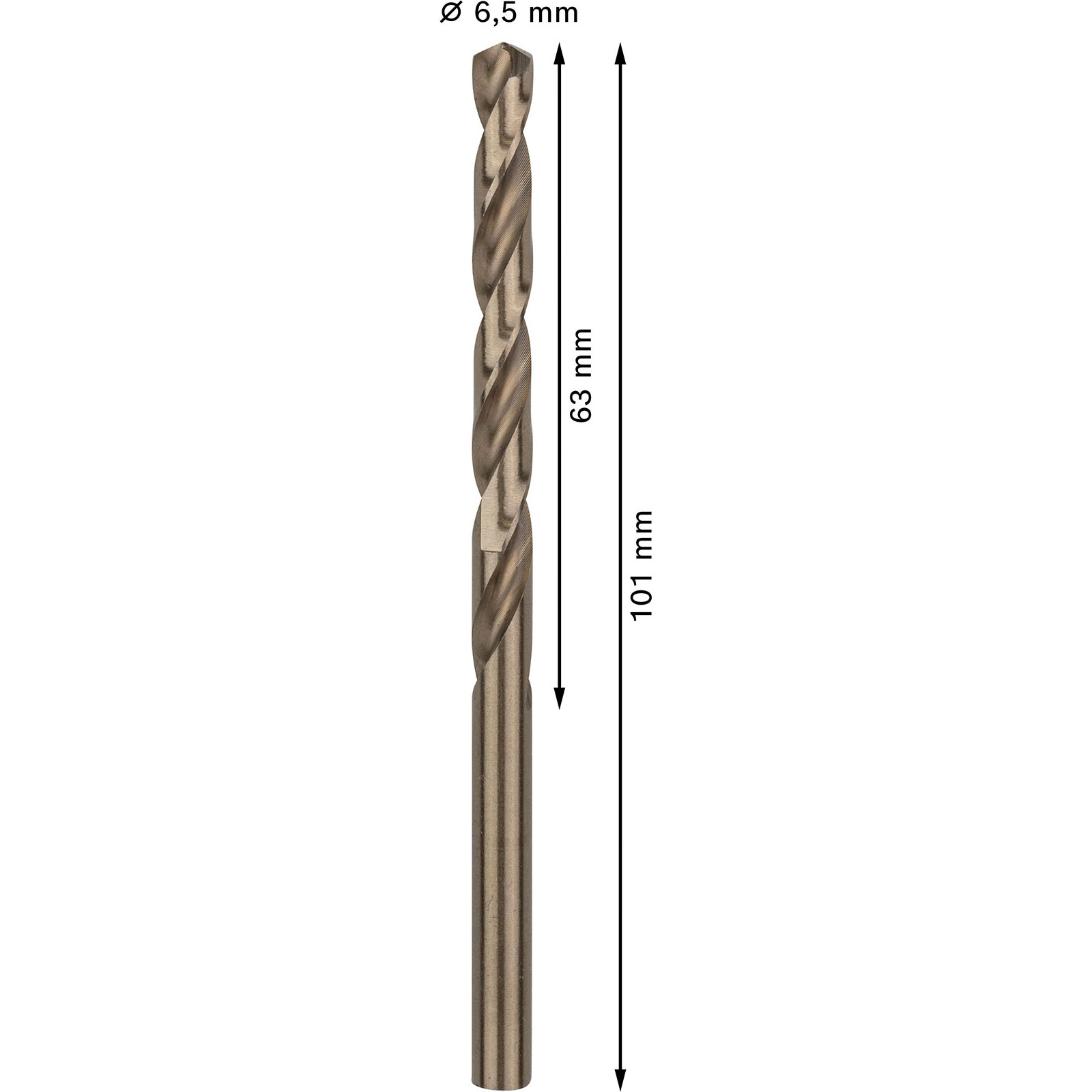 Ein einzelner Metallbohrer mit 6,5 mm Durchmesser und 101 mm Länge.