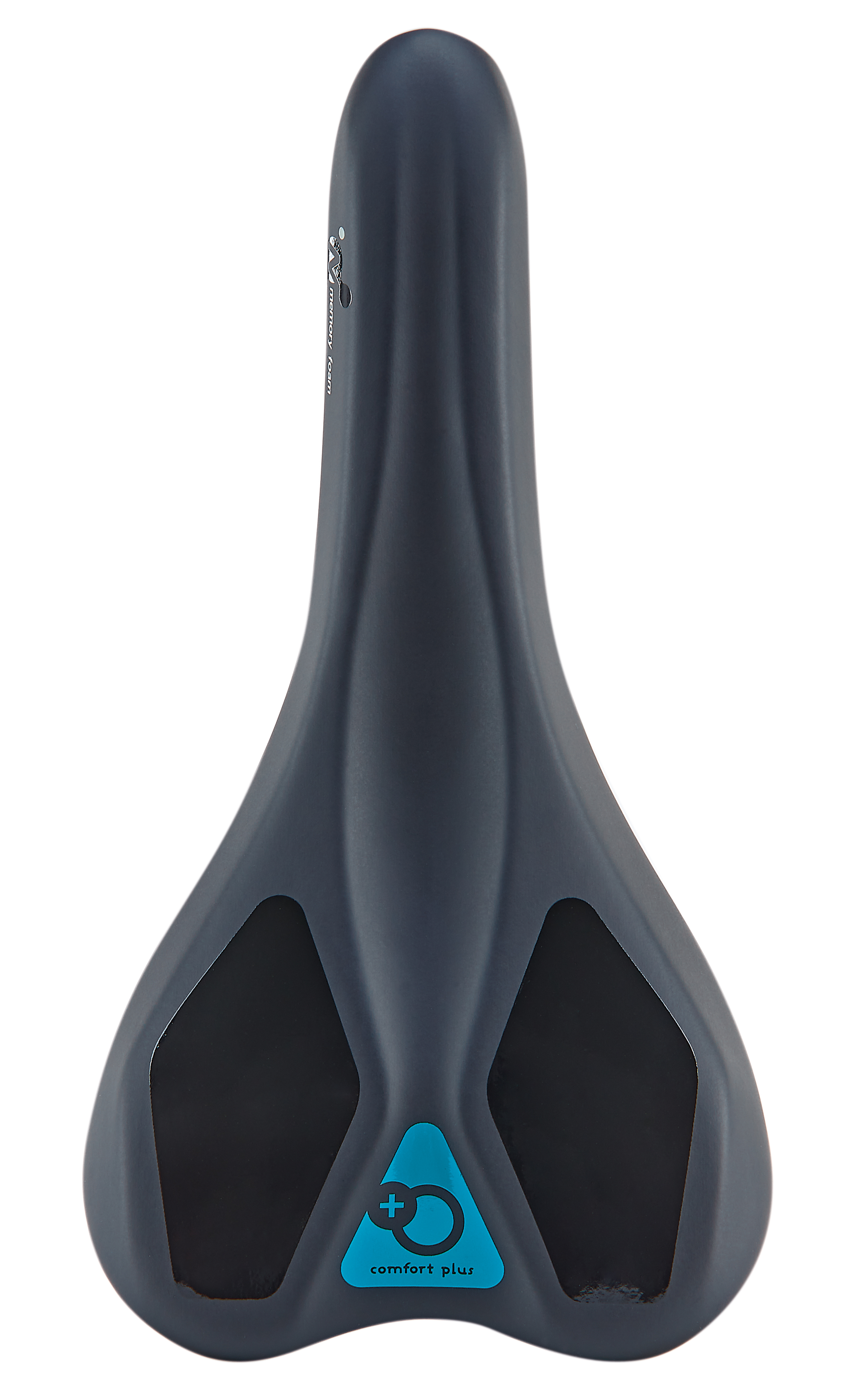 Ein schwarzer Fahrradsattel mit einem blau-schwarzen „Comfort Plus“-Logo auf der Rückseite, vor weißem Hintergrund.