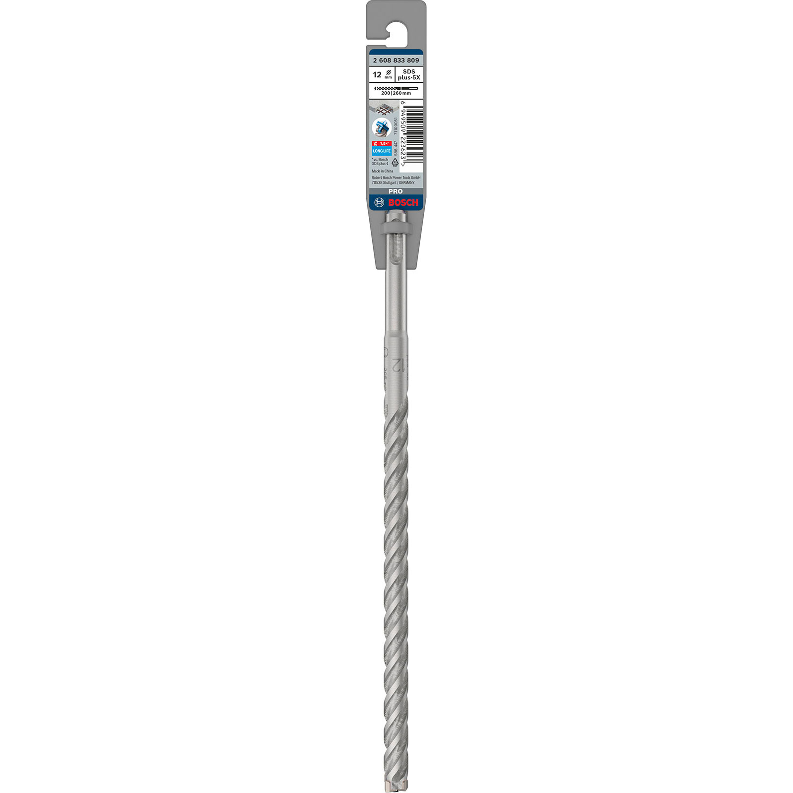 Ein Bosch SDS plus-5X Bohrer, 12mm x 260mm, in seiner Verpackung, mit einem grauen Spiralschaft und blauen Akzenten.