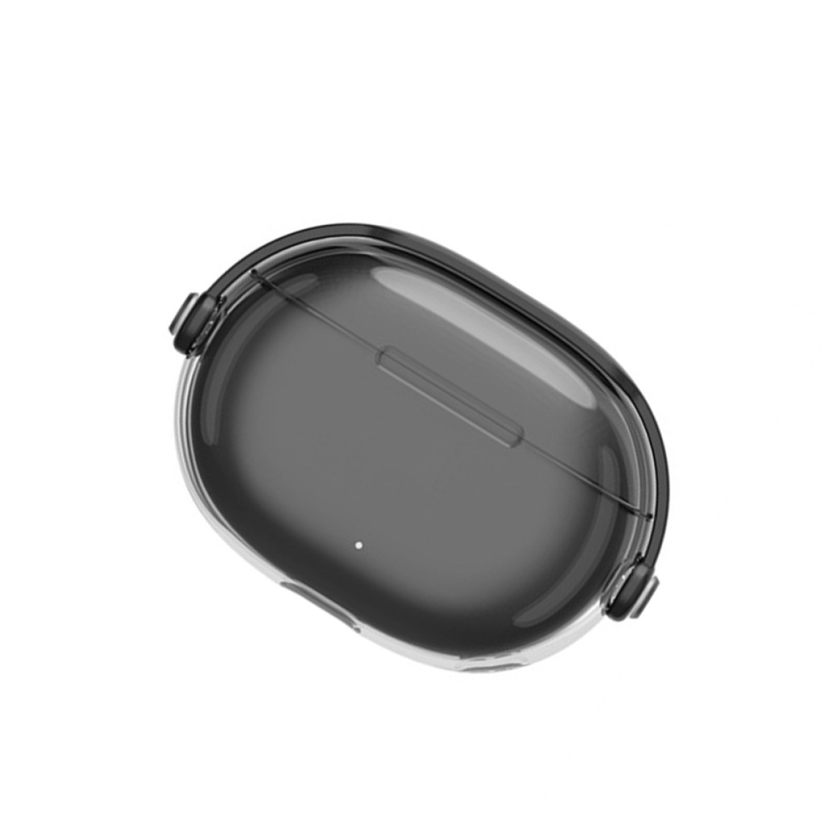 Una custodia nera trasparente per auricolari wireless, con attacco per cinturino.