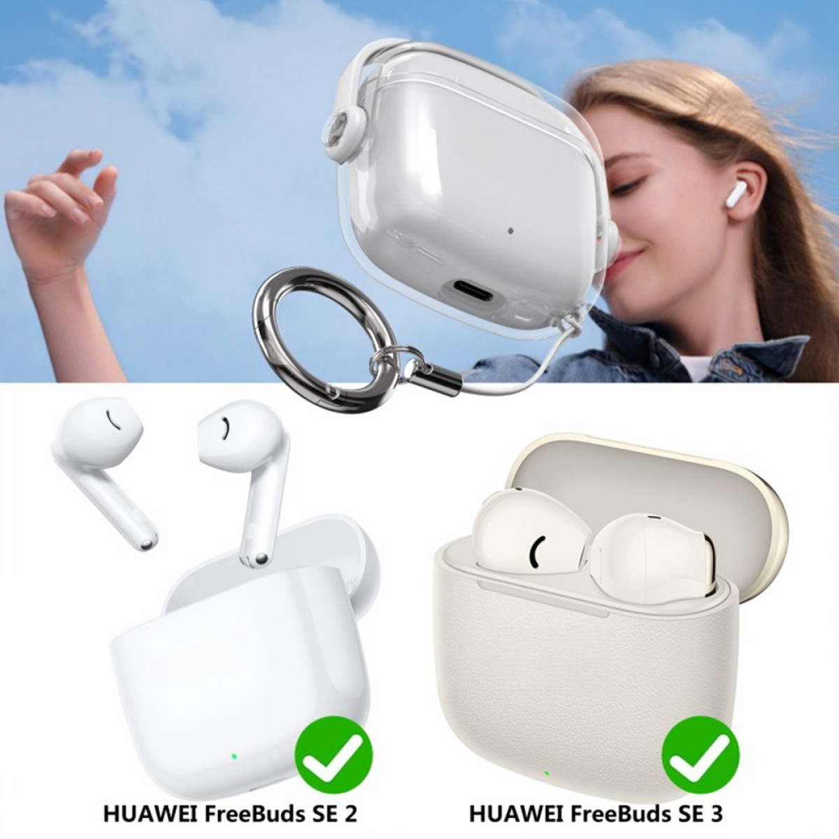 Una donna sorride indossando un auricolare, sopra due custodie aperte con auricolari e segni di spunta verdi.