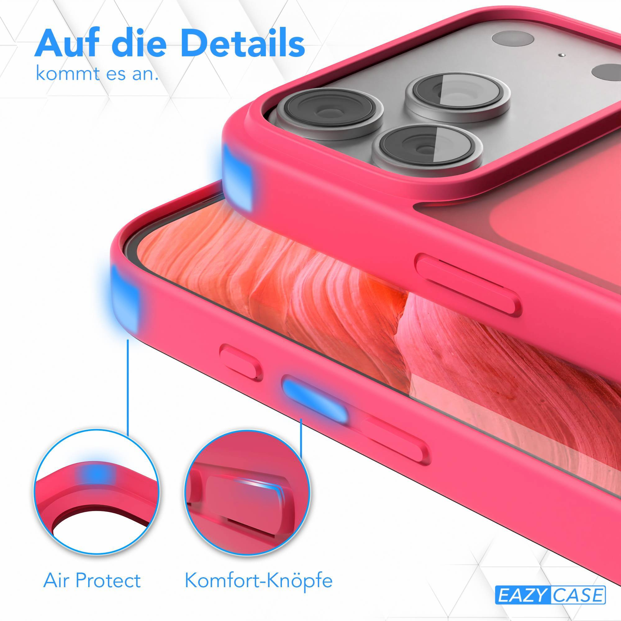 Eine pinkfarbene Handyhülle mit blau leuchtenden Tasten und Kameraausschnitten, die hervorgehoben werden.
