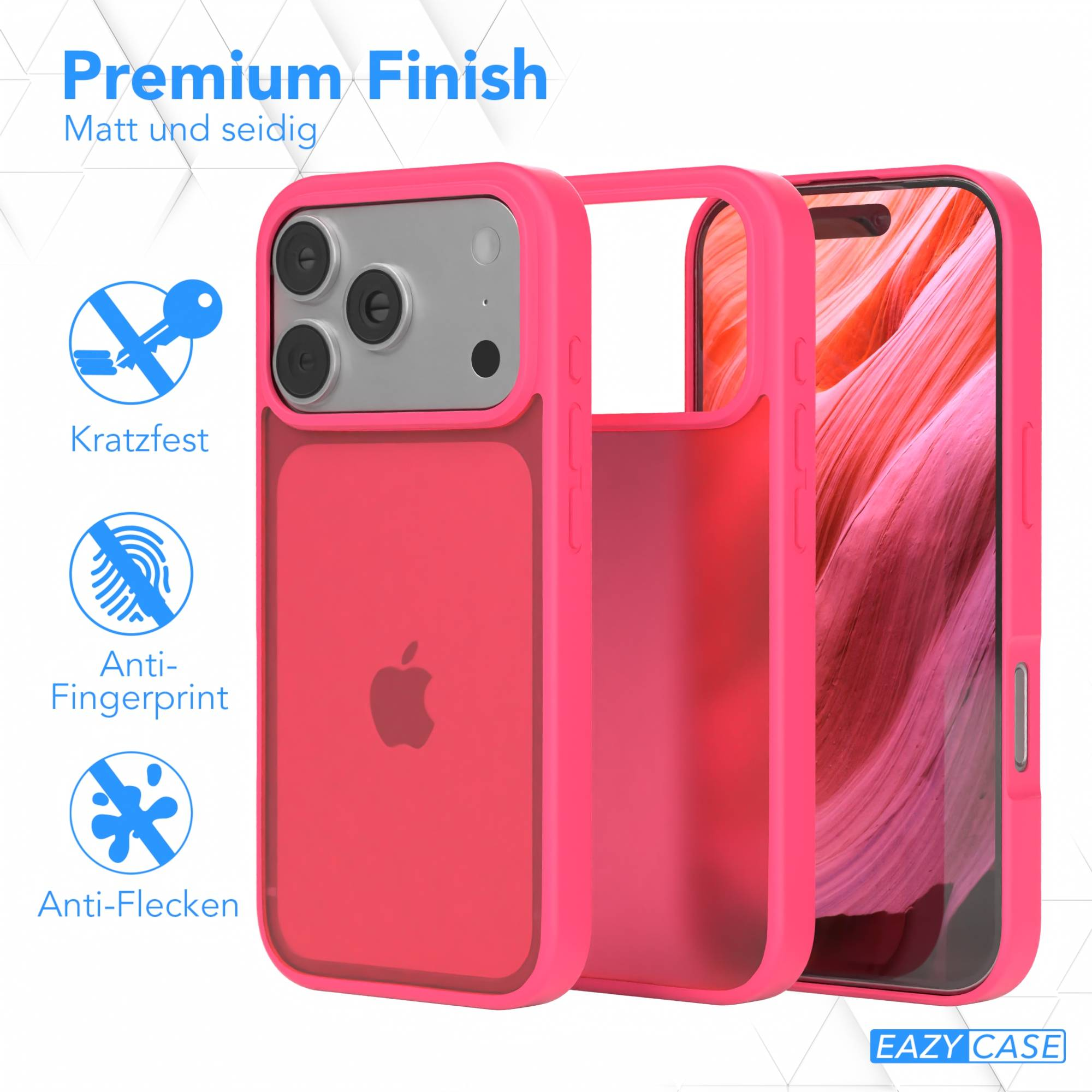 Eine leuchtend rosa iPhone-Hülle mit klarer Rückseite, die das Apple-Logo und die Kamera zeigt, neben einer leeren rosa Hülle.