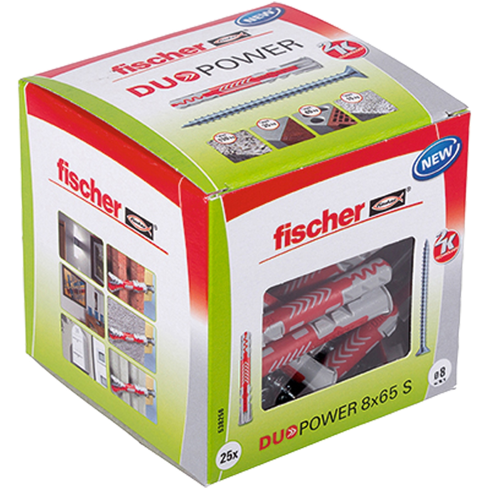 Eine fischer DUOPOWER 8x65 S Box mit roten und grauen Dübeln und einer Schraube, sichtbar durch ein Klarsichtfenster.
