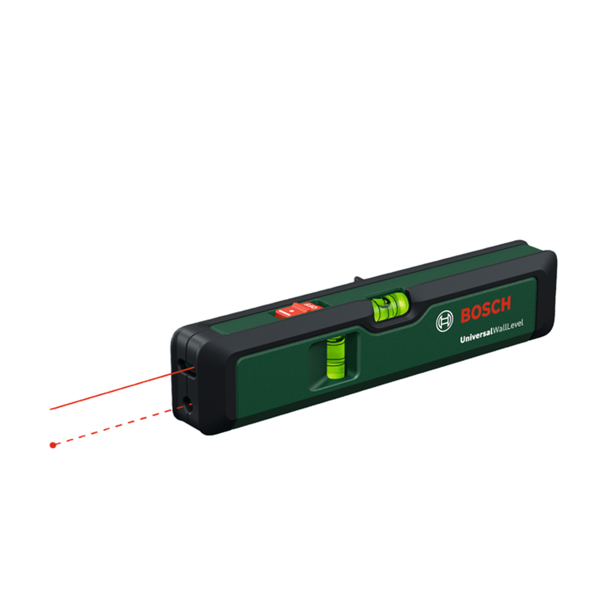 Eine dunkelgrüne und schwarze Bosch UniversalWallLevel Laserwasserwaage mit rotem Schalter und zwei grünen Libellen, die eine rote Laserlinie aussendet.