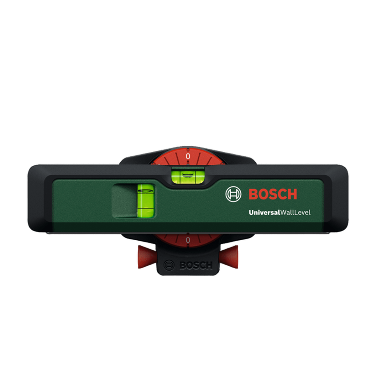 Eine Bosch UniversalWallLevel, eine grüne und schwarze Wasserwaage mit roten Akzenten und zwei grünen Libellen, ist zentriert.