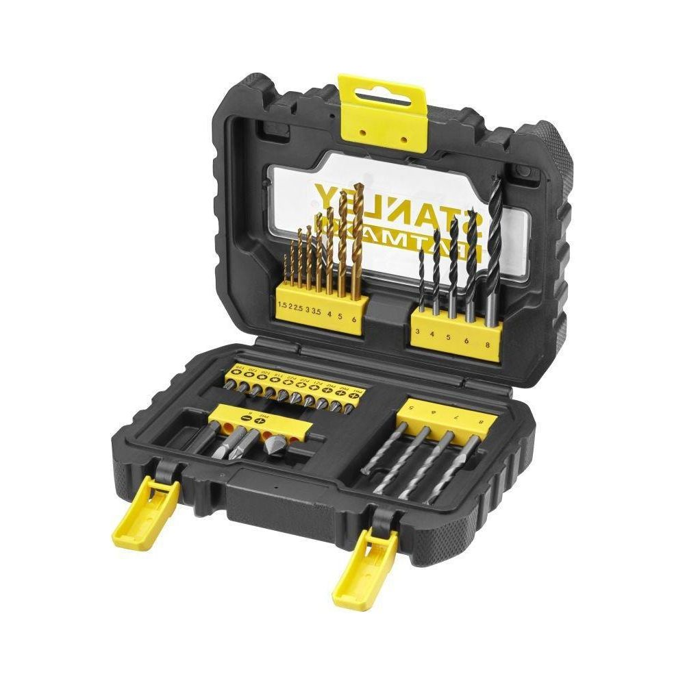 Ein offenes schwarz-gelbes Bohrer-Set mit verschiedenen goldenen und silbernen Bohrern, Schraubendreher-Bits und Adaptern.