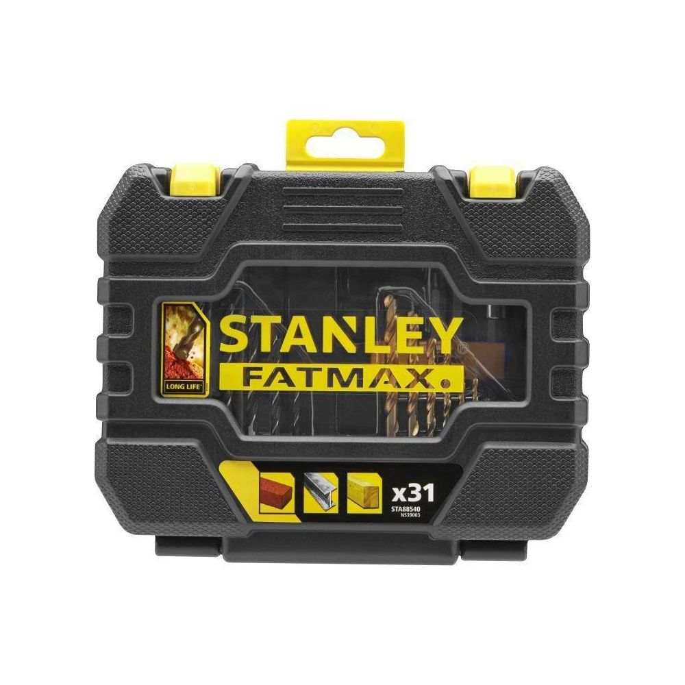 Ein schwarz-gelbes Stanley FatMax Bohrer-Set mit 31 Teilen, darunter verschiedene Bohrer und Zubehör.