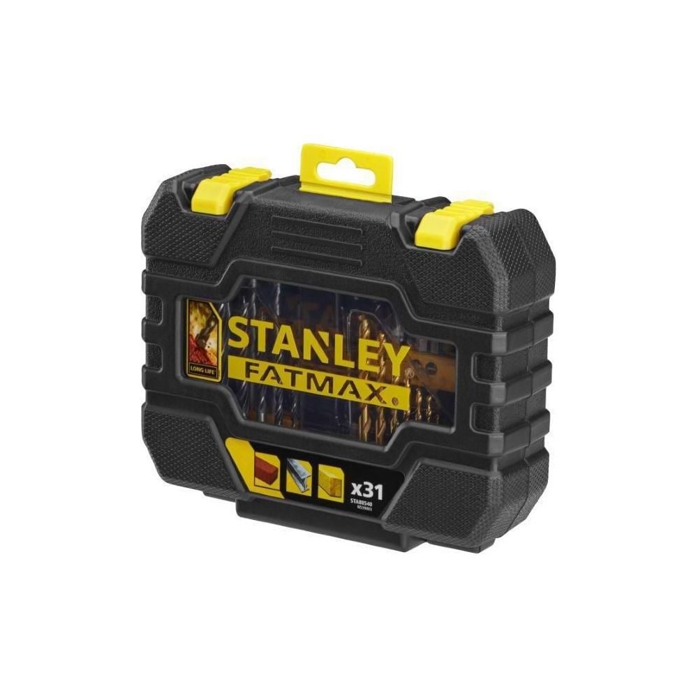 Ein schwarzes und gelbes Stanley FatMax Bohrer-Set ist abgebildet, mit 31 Teilen, sichtbar durch eine durchsichtige Abdeckung.