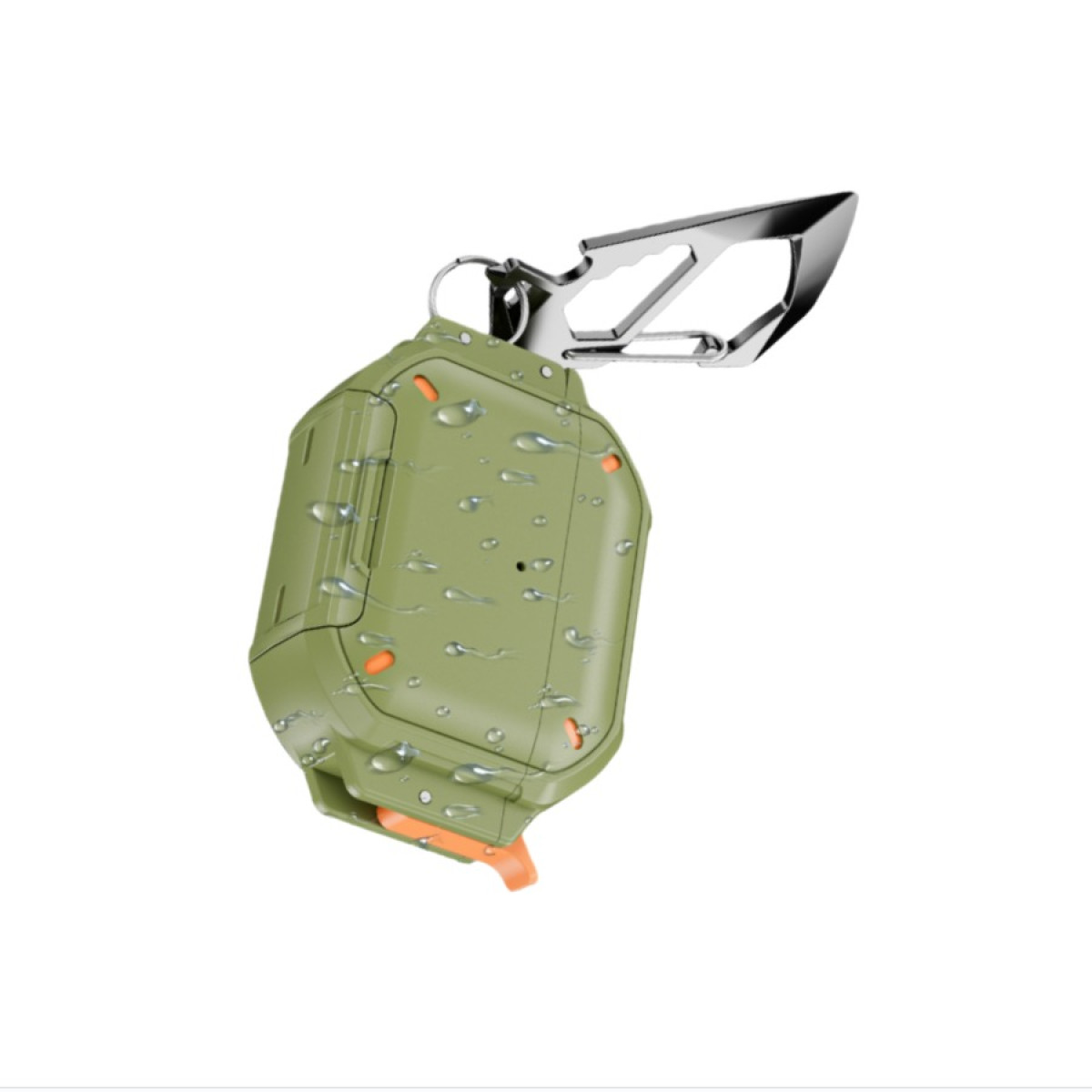 Grünes Gehäuse mit orangen Akzenten, Wassertropfen und silbernem Messer-Schlüsselanhänger.