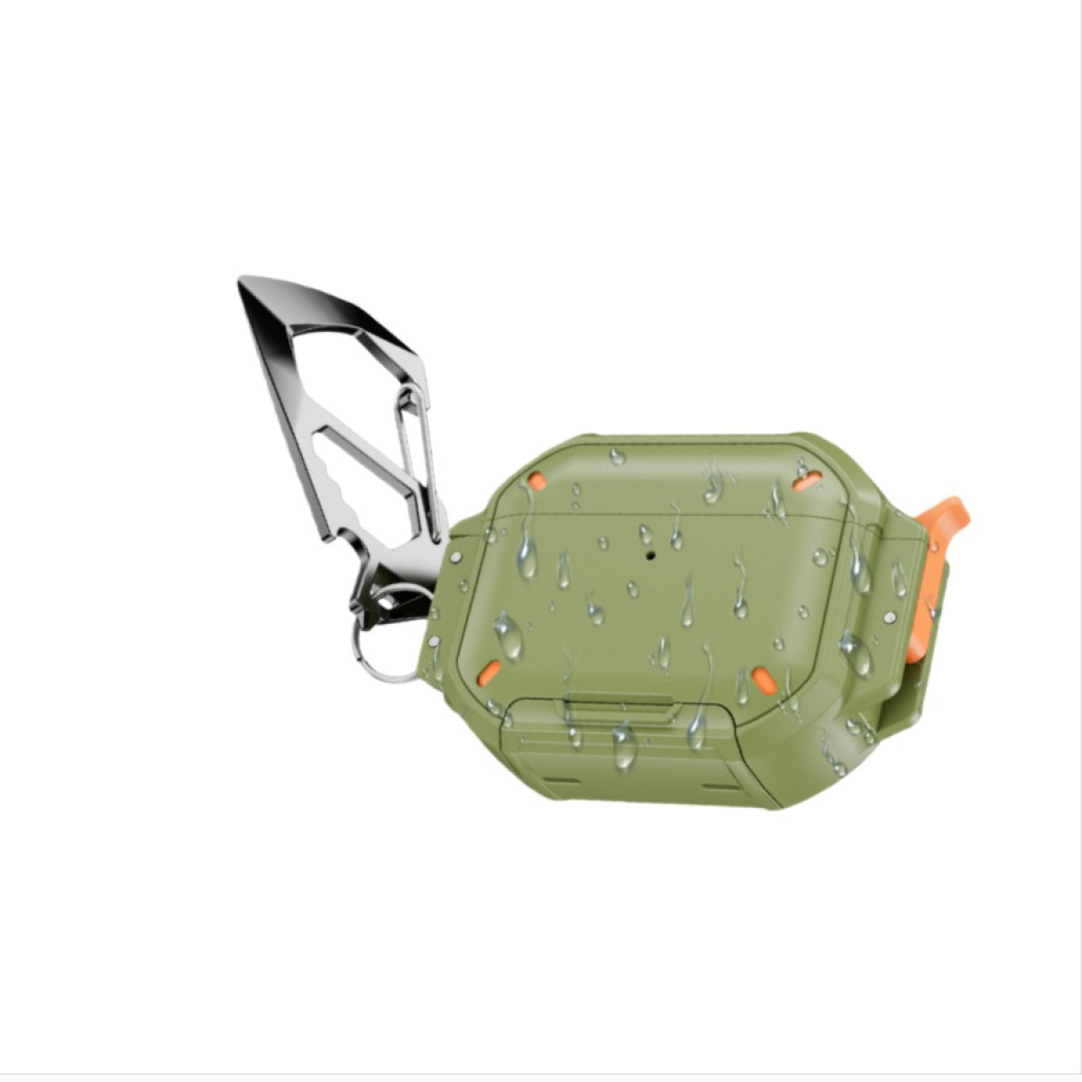 Ein robustes, olivgrünes Ohrhörer-Etui mit orangefarbenen Akzenten und einem silbernen Karabinerhaken, bedeckt mit Wassertropfen.