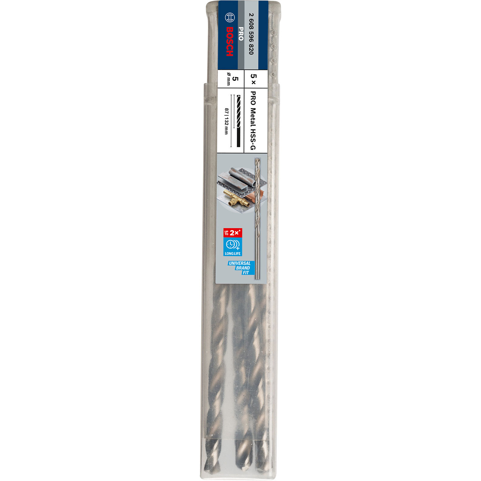 Ein Bosch Bohrersatz, 5x PRO Metall HSS-G, 5 mm x 87/132 mm, in klarer Kunststoffverpackung.