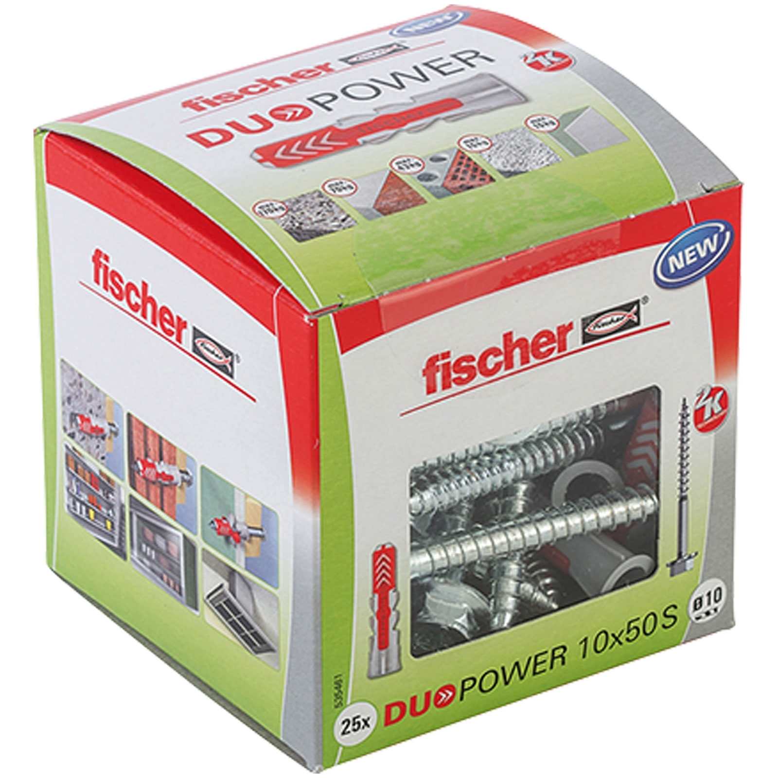 Eine weiße fischer DUOPOWER 10x50S Box mit grünen und roten Akzenten, zeigt Dübel, Schrauben und Anwendungsbeispiele.