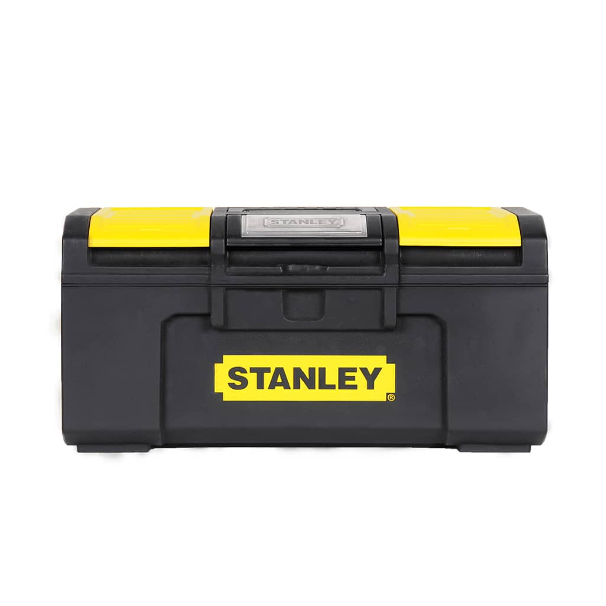 Eine schwarze Stanley-Werkzeugkiste mit gelben Akzenten auf weißem Hintergrund. Das Stanley-Logo ist in Gelb prominent auf der Vorderseite.