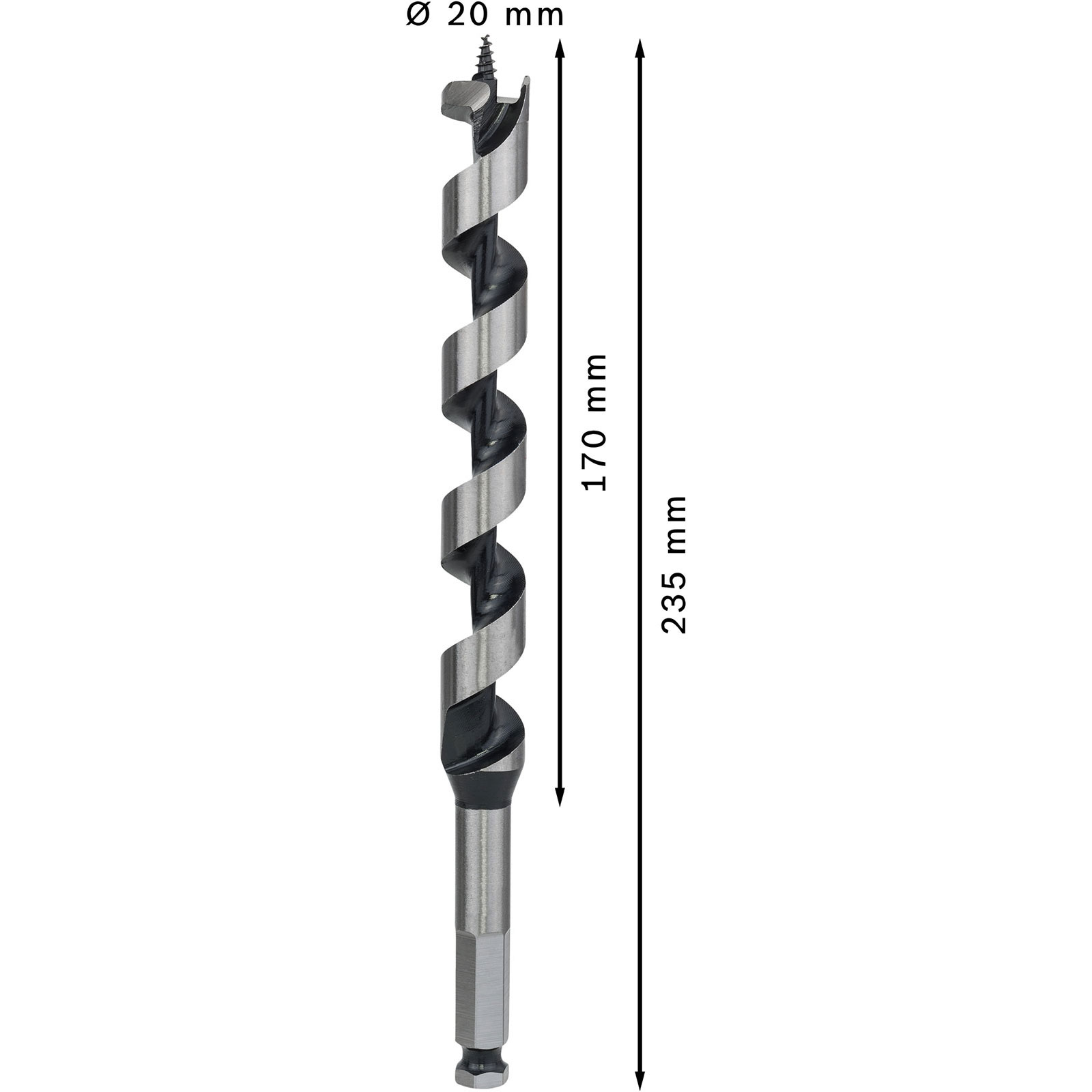 Nahaufnahme eines 20 mm Durchmesser, 235 mm langen Holzbohrers mit einer 170 mm Spirallänge, auf weißem Hintergrund.