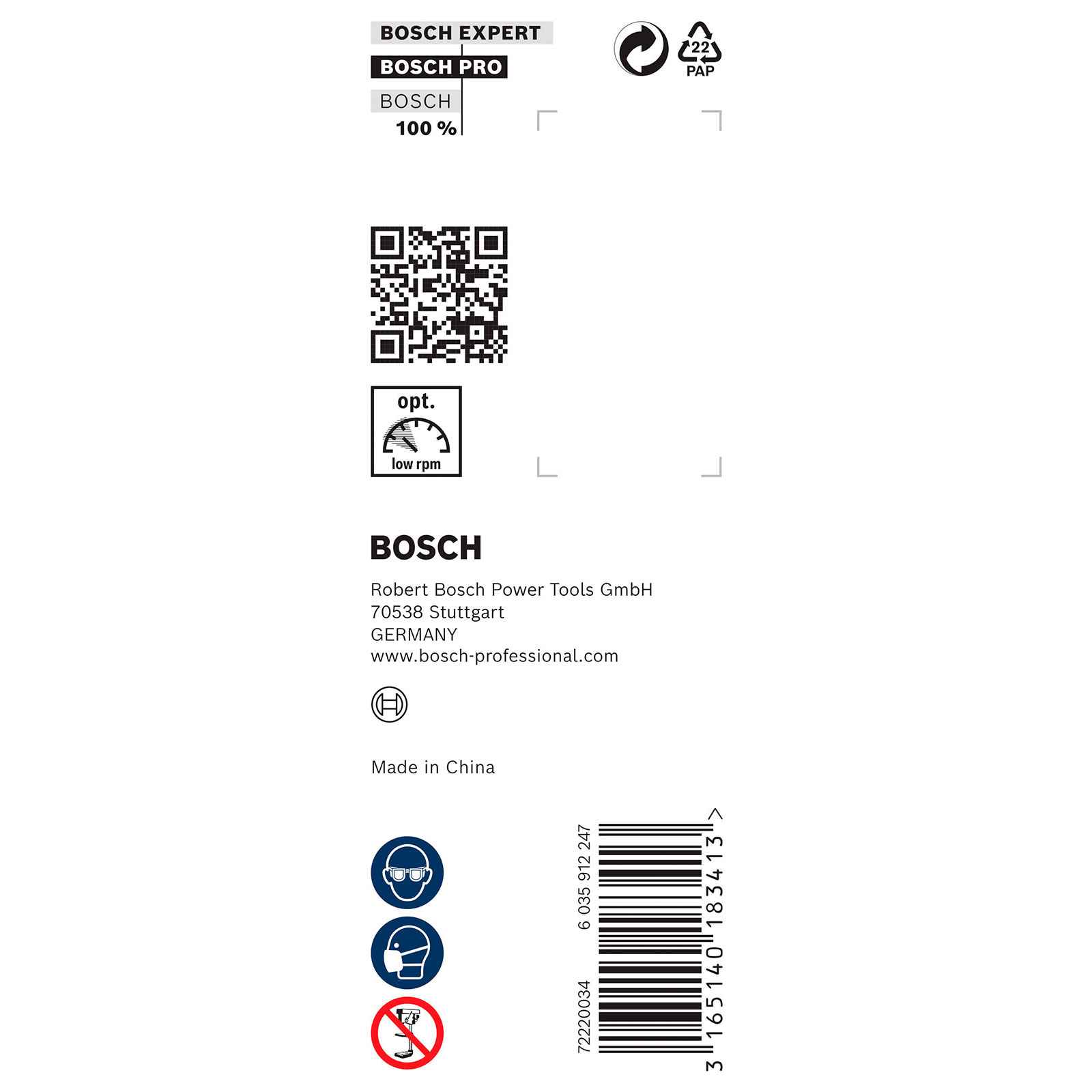 Weißer Hintergrund mit schwarzem Text und Symbolen: Bosch-Branding, QR-Code, Niedrigdrehzahl-Anzeige, Firmenadresse und Sicherheitssymbole.