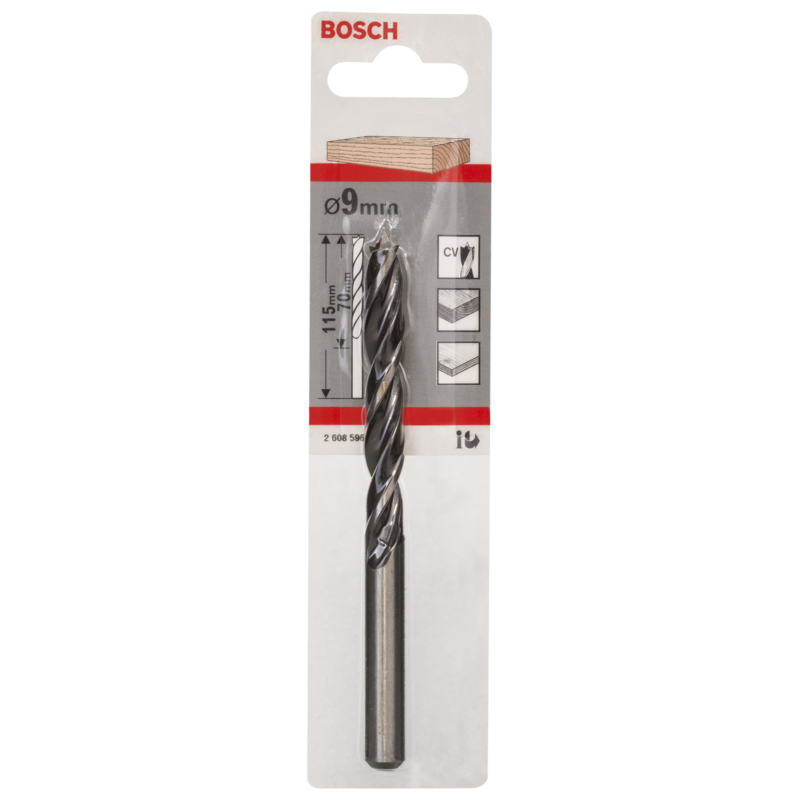Ein Bosch Bohrer, 9mm Durchmesser und 115mm Länge mit 70mm Arbeitslänge, in seiner Verpackung.