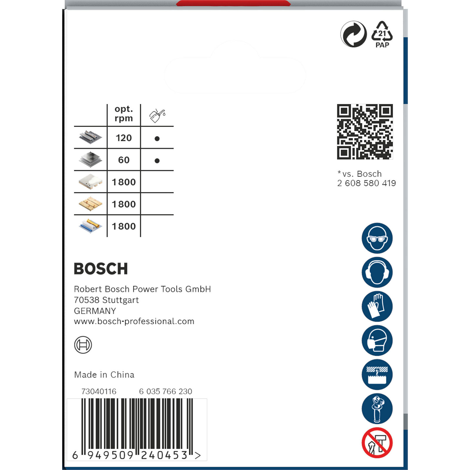Bosch-Verpackung mit Anwendungstabelle, QR-Code, Sicherheitssymbolen und Barcode.