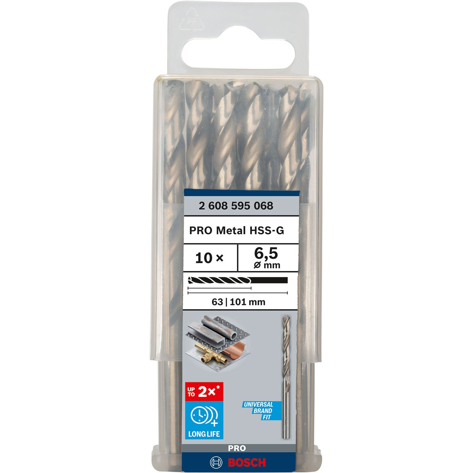 Eine Packung mit 10 Bosch PRO Metal HSS-G Bohrern, 6,5 mm Durchmesser, 63/101 mm lang, für Metall.