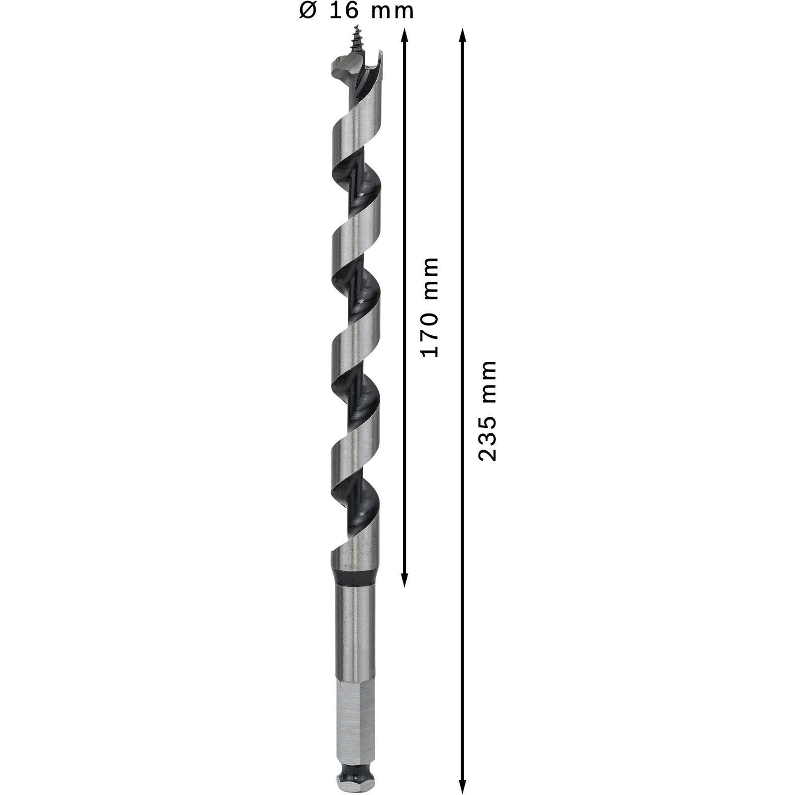 Ein 16 mm breiter Holzbohrer mit 235 mm Gesamtlänge.