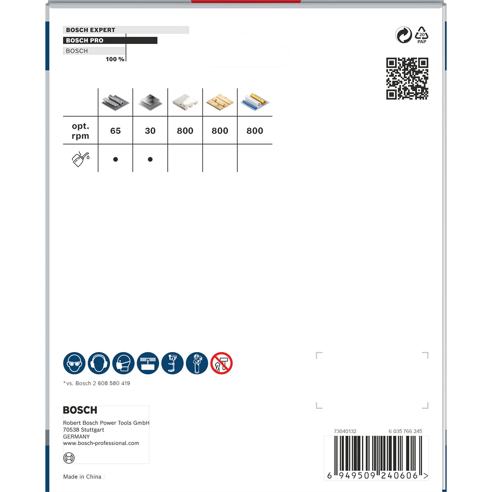Ein weißes Produktetikett mit Bosch-Branding, das empfohlene Drehzahlen für verschiedene Materialien, Sicherheitssymbole und einen QR-Code zeigt.