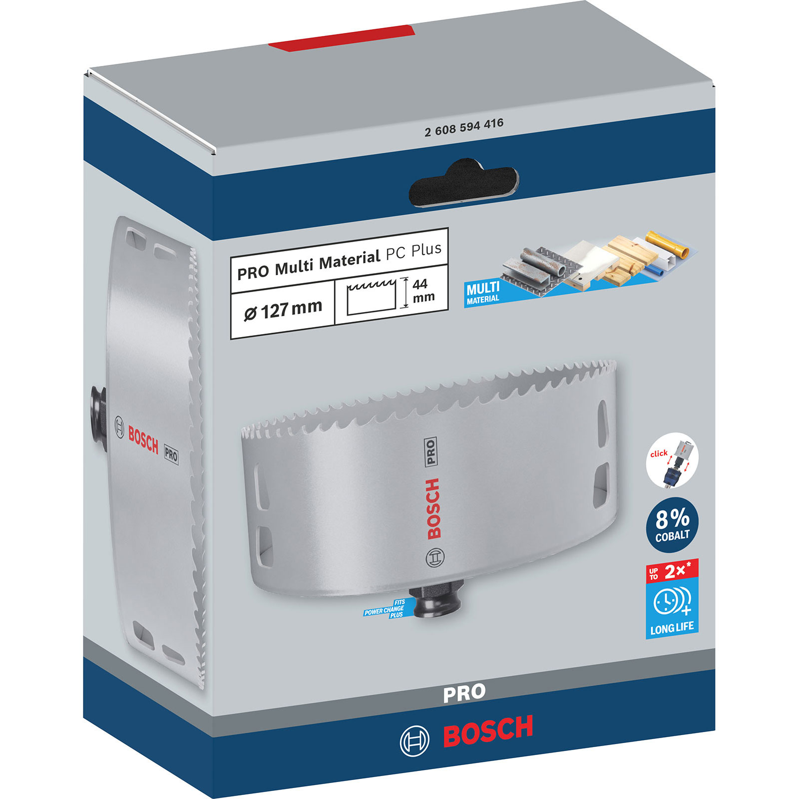 Eine Bosch Pro Multi Material PC Plus Lochsäge, 127 mm Durchmesser und 44 mm Tiefe, auf ihrer Verpackung.