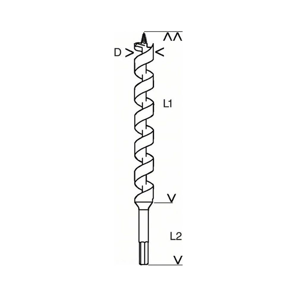 Eine technische Zeichnung eines Bohrers mit spitzer Spitze, Spiralnuten und einem Sechskantschaft, beschriftet mit den Maßen D, L1 und L2.