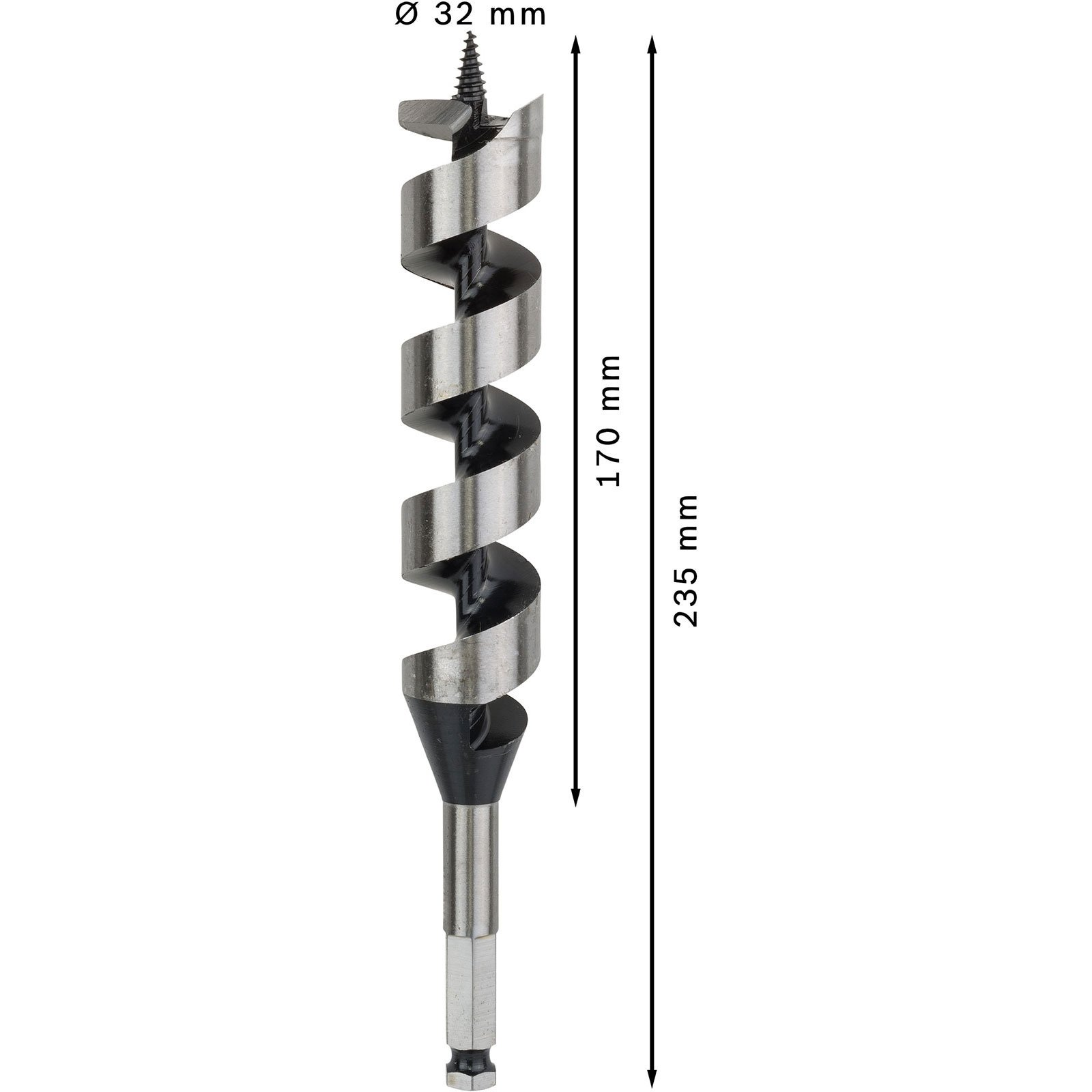 Ein metallischer Holzbohrer mit Spiralnut und Sechskantschaft, 32 mm Durchmesser und 235 mm Gesamtlänge.