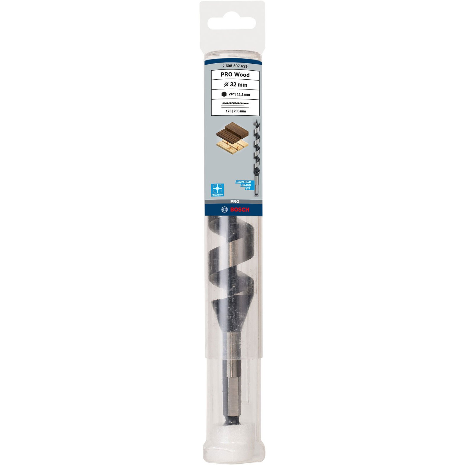 Ein Bosch PRO Wood Holzbohrer, 32mm, in klarer Kunststoffverpackung, mit Produktdetails und Holzbeispielen.