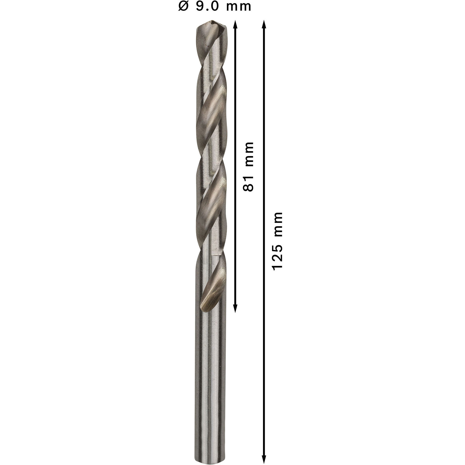Ein Metallbohrer mit 9,0 mm Durchmesser und 125 mm Länge, 81 mm Schneidenlänge.