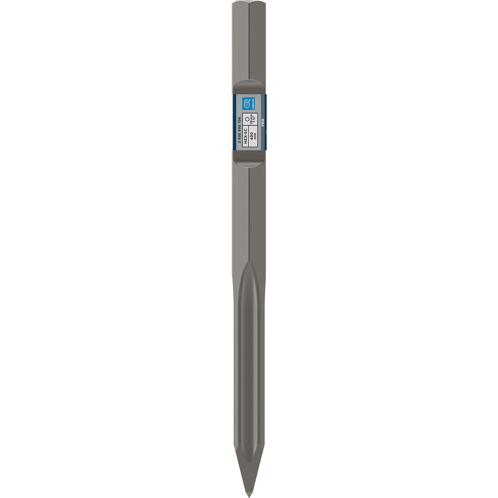 Ein grauer Meißel mit spitzer Spitze und einem blauen Etikett mit der Aufschrift „HEX-5C“, „400 mm“, „28 mm“ und „PRO“ auf weißem Hintergrund.