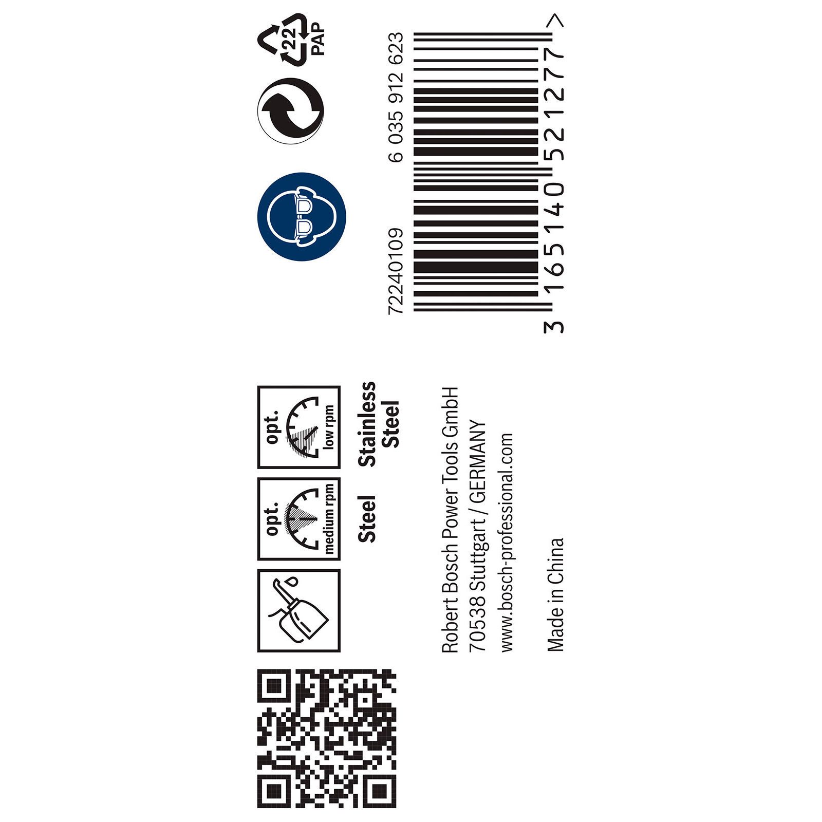 Produktetikett mit Barcode, Recyclingsymbolen, Schutzbrillen-Symbol, Geschwindigkeitseinstellungen und Herstellerangaben.