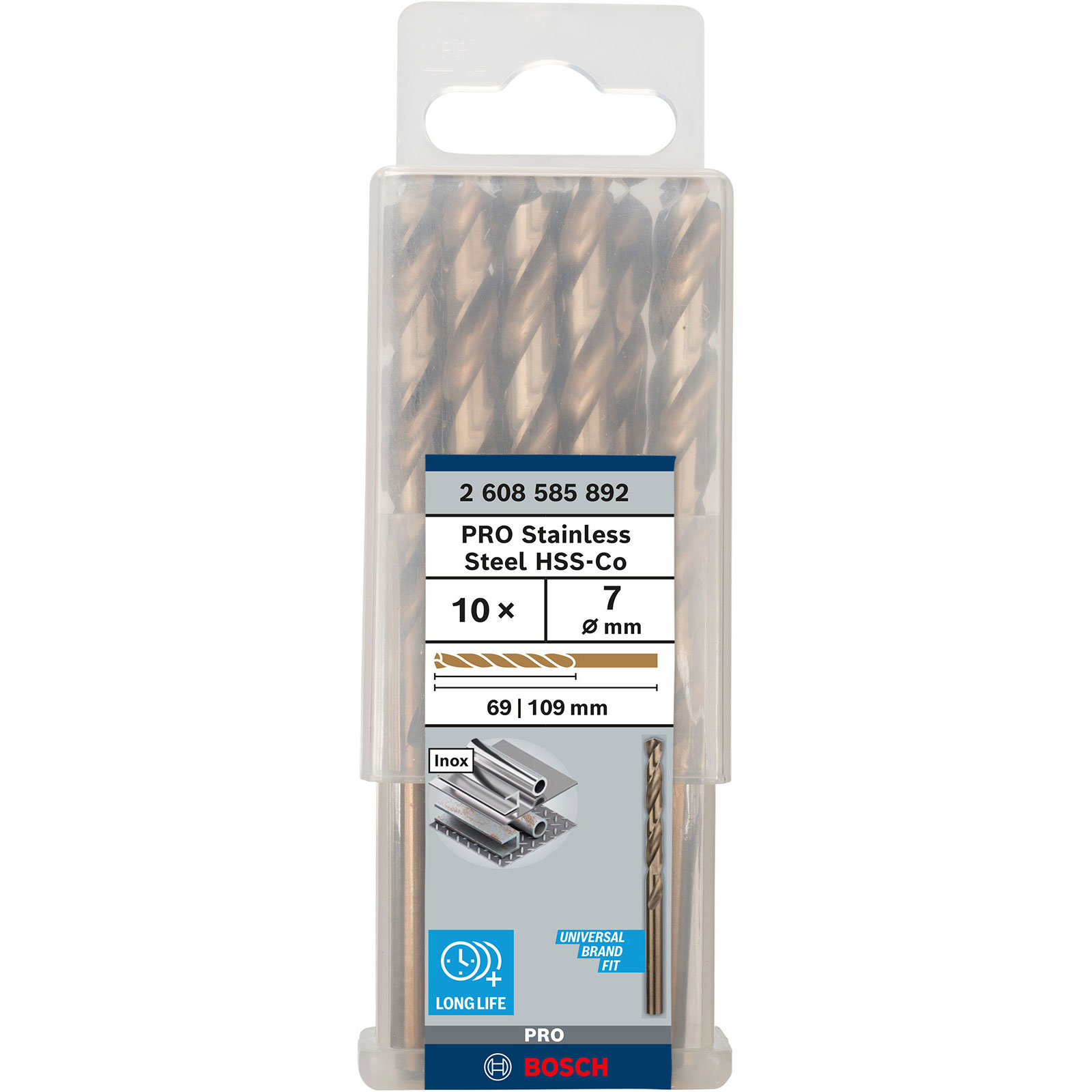 Verpackung mit 10 Bosch HSS-Co Metallbohrern, 7mm Durchmesser, goldfarben.