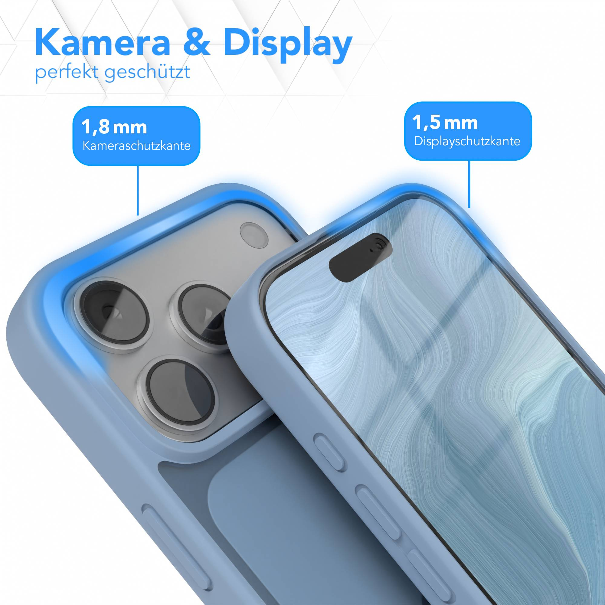 Eine hellblaue Handyhülle mit hervorgehobenen Rändern schützt Kamera und Bildschirm, mit 1,8 mm und 1,5 mm Schutzlippen.