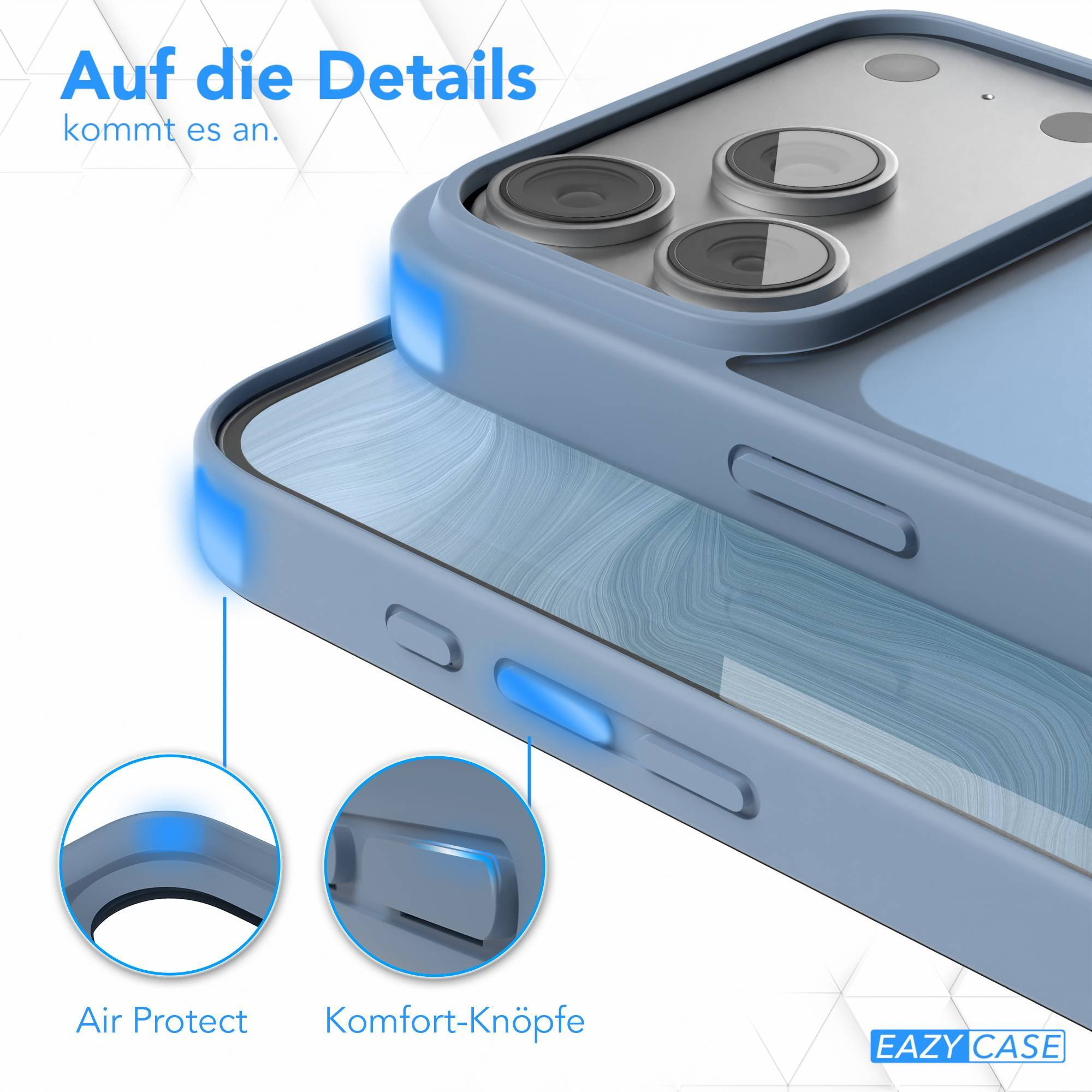 Ein blauer Handyhülle mit Fokus auf Details wie Air Protect und Komfort-Knöpfe.
