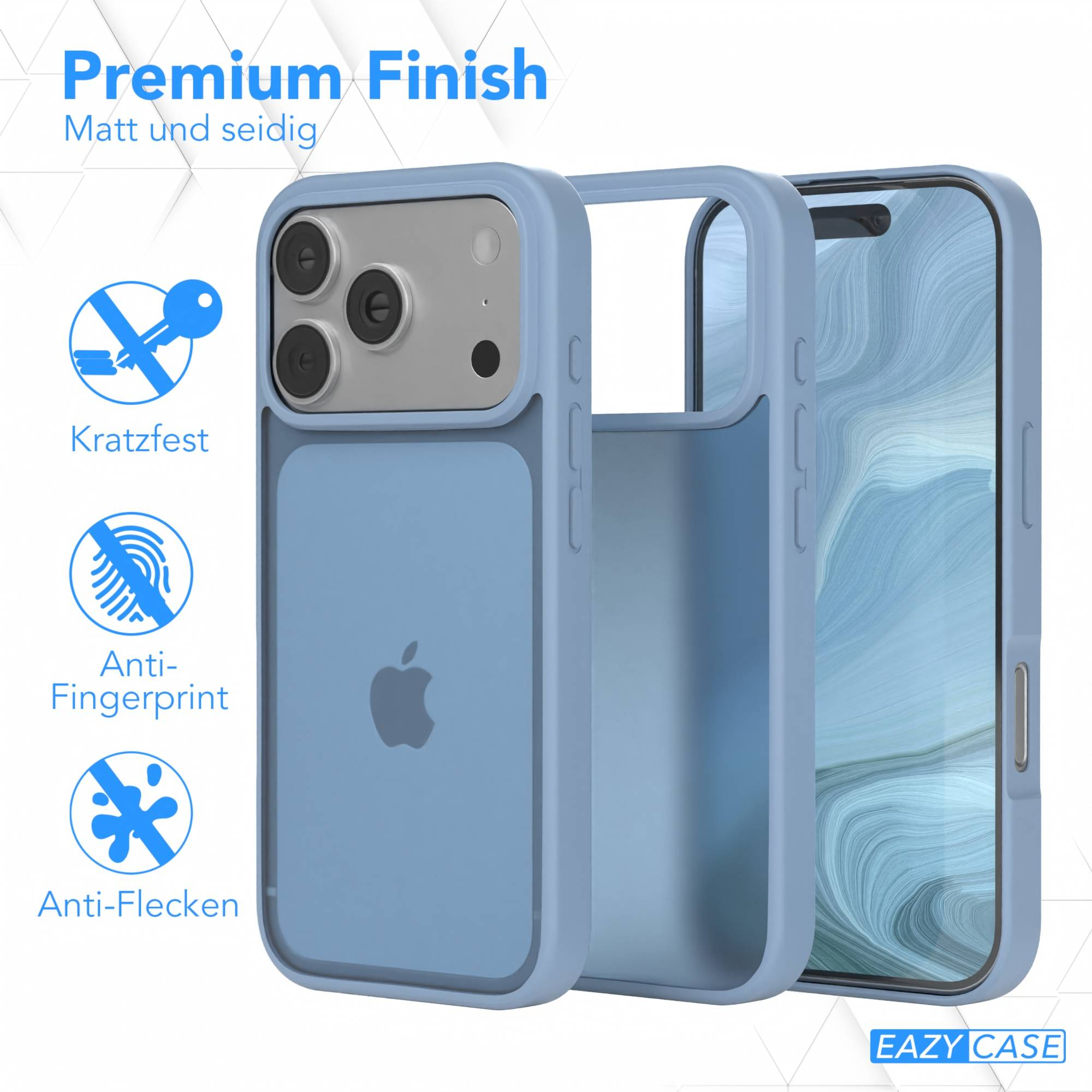 Eine hellblaue Handyhülle mit einem iPhone ist abgebildet, zusammen mit Texten, die ihre kratzfeste und Anti-Fingerprint-Eigenschaften beschreiben.