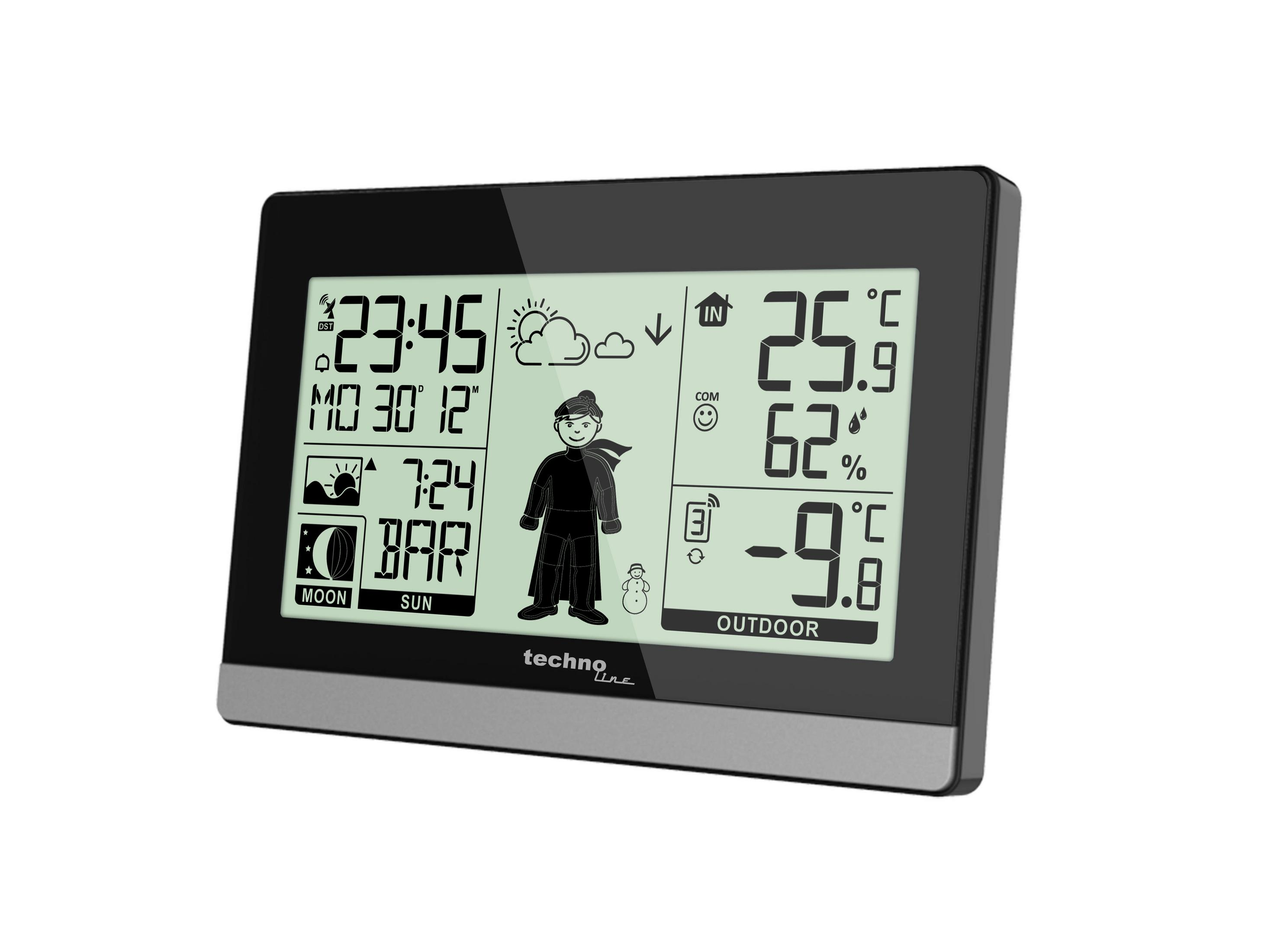 Eine schwarz-graue digitale Wetterstation zeigt Uhrzeit, Innen- und Außentemperaturen, Luftfeuchtigkeit und Wettervorhersage an.