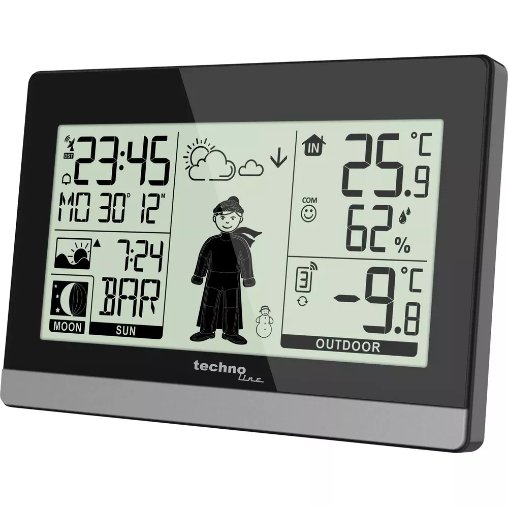 Digitaluhr mit Wetteranzeige: Zeit, Datum, Innentemperatur, Außentemperatur, Luftfeuchtigkeit und Wettervorhersage.