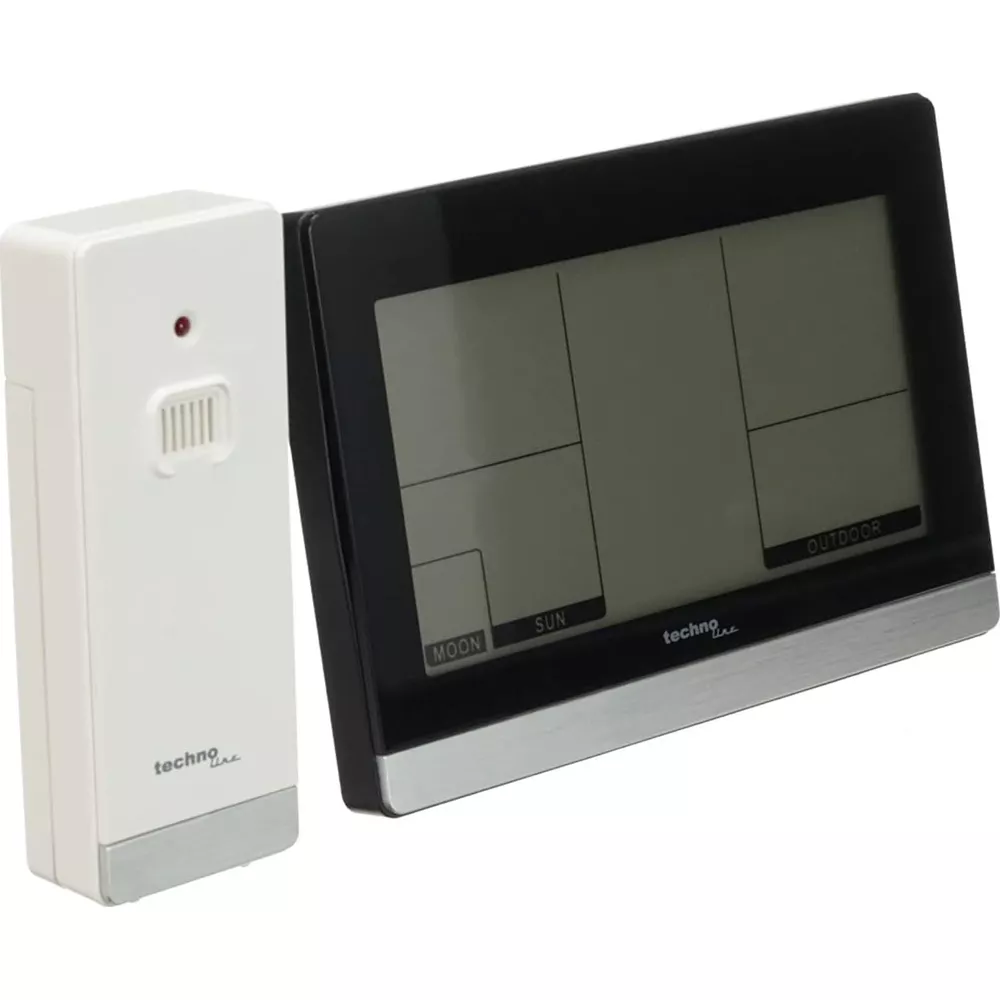Eine weiß-schwarze Wetterstation mit separatem Sensor. Das Display zeigt Abschnitte für Mond-, Sonnen- und Außenwerte.