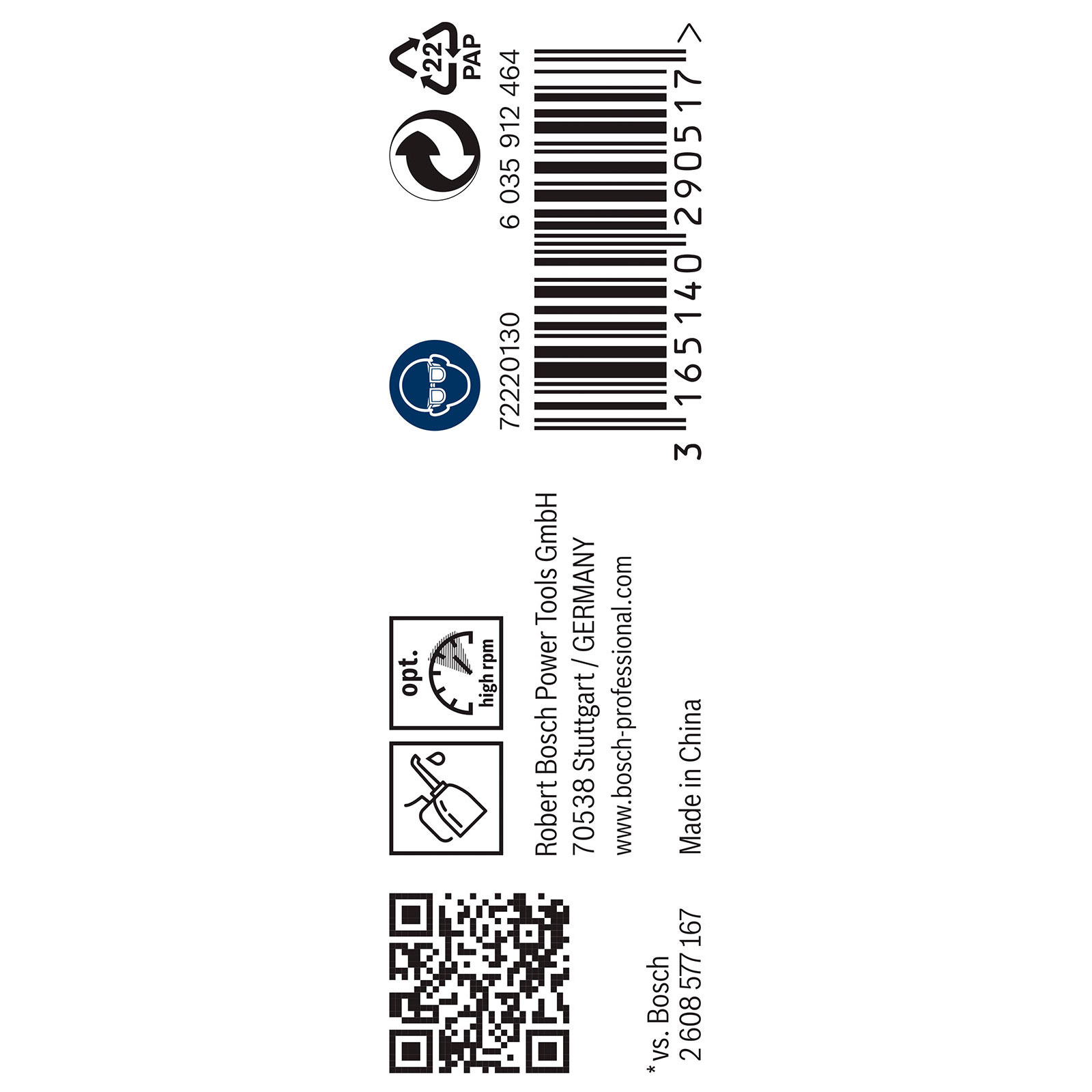 Ein weißes Produktetikett mit schwarzem Text, einschließlich Barcode, QR-Code, Recyclingsymbolen und Produktinformationen.