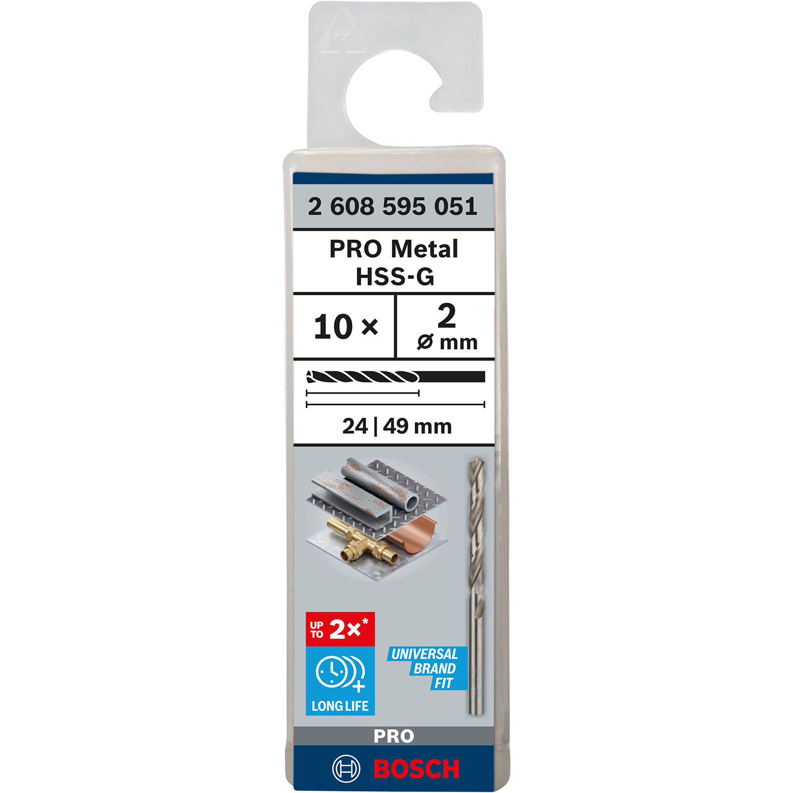Eine Bosch Bohrerverpackung, weiß und grau, mit dem Text "PRO Metal HSS-G 10x 2mm" und einem Bohrerbild.