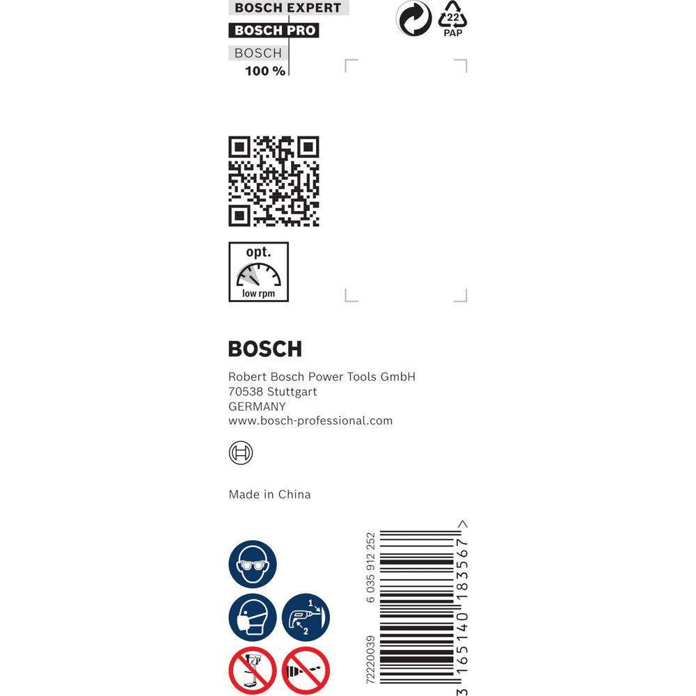 Ein weißes Produktetikett mit Bosch-Branding, einem QR-Code und Sicherheitssymbolen, einschließlich eines Barcodes auf der rechten Seite.