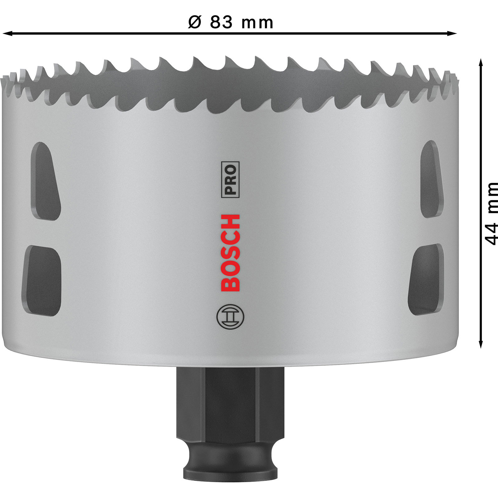 Bohrer mit Sägezahnkante, 83 mm Durchmesser, 44 mm Höhe, Bosch Logo.