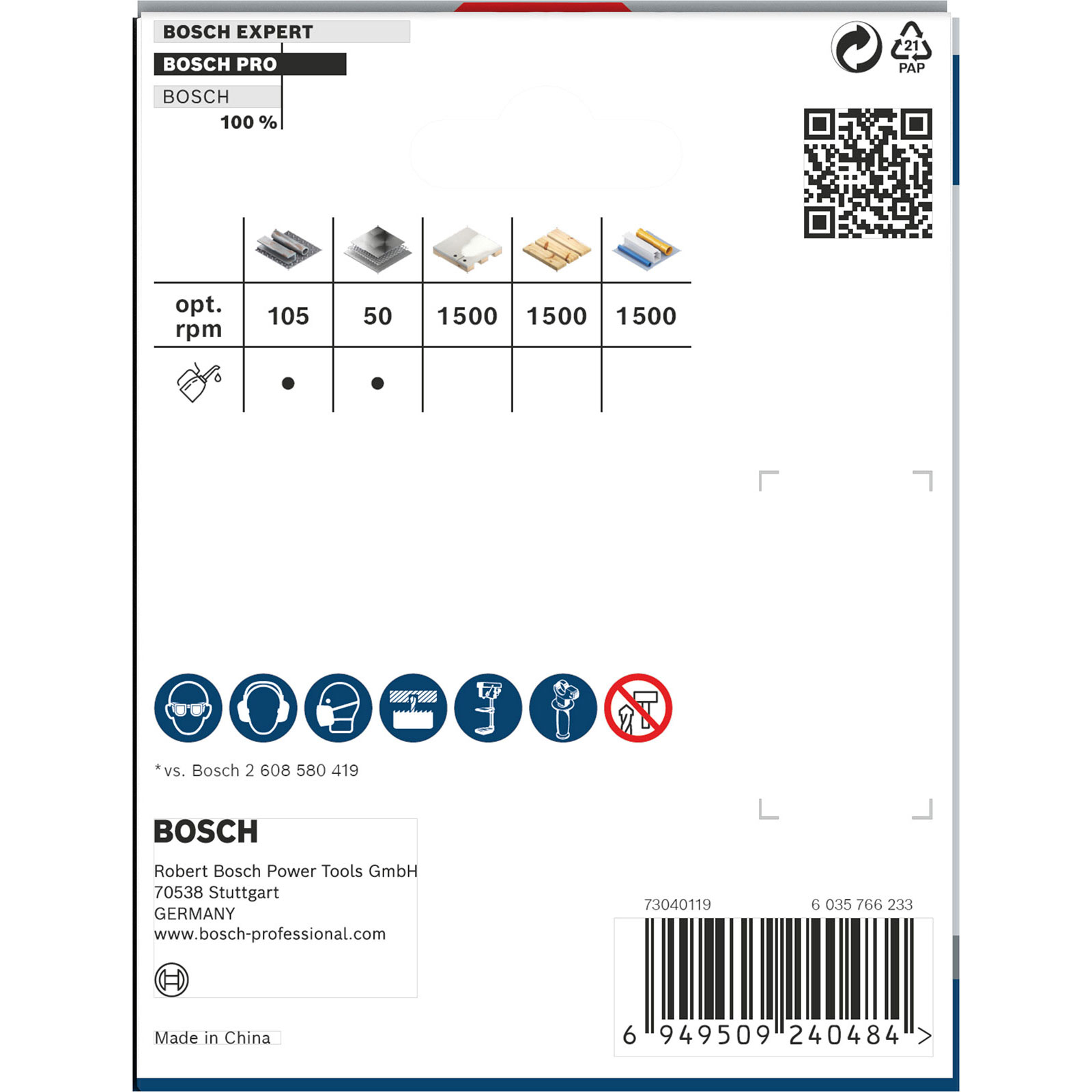 Bosch Expert-Verpackung mit Diagrammen, QR-Code und Barcode.