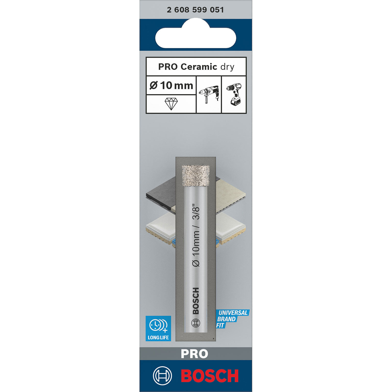 Ein Bosch Keramik-Trockenbohrer, 10mm, mit Diamantspitze zum Bohren durch Fliesen, in seiner Verpackung dargestellt.