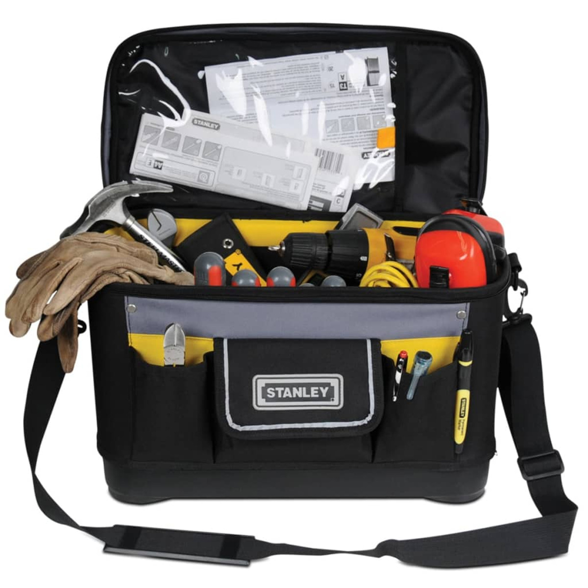 Eine schwarz-gelbe Stanley-Werkzeugtasche gefüllt mit verschiedenen Werkzeugen, darunter Hammer, Handschuhe, Bohrmaschine und Schutzbrille.