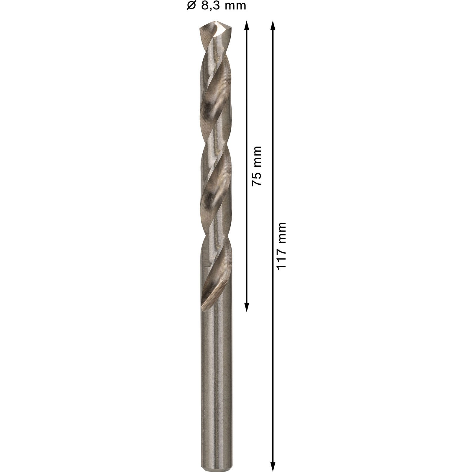 Ein Bohrer, 8,3 mm Durchmesser, 75 mm Arbeitslänge und 117 mm Gesamtlänge, steht vertikal auf weißem Hintergrund.