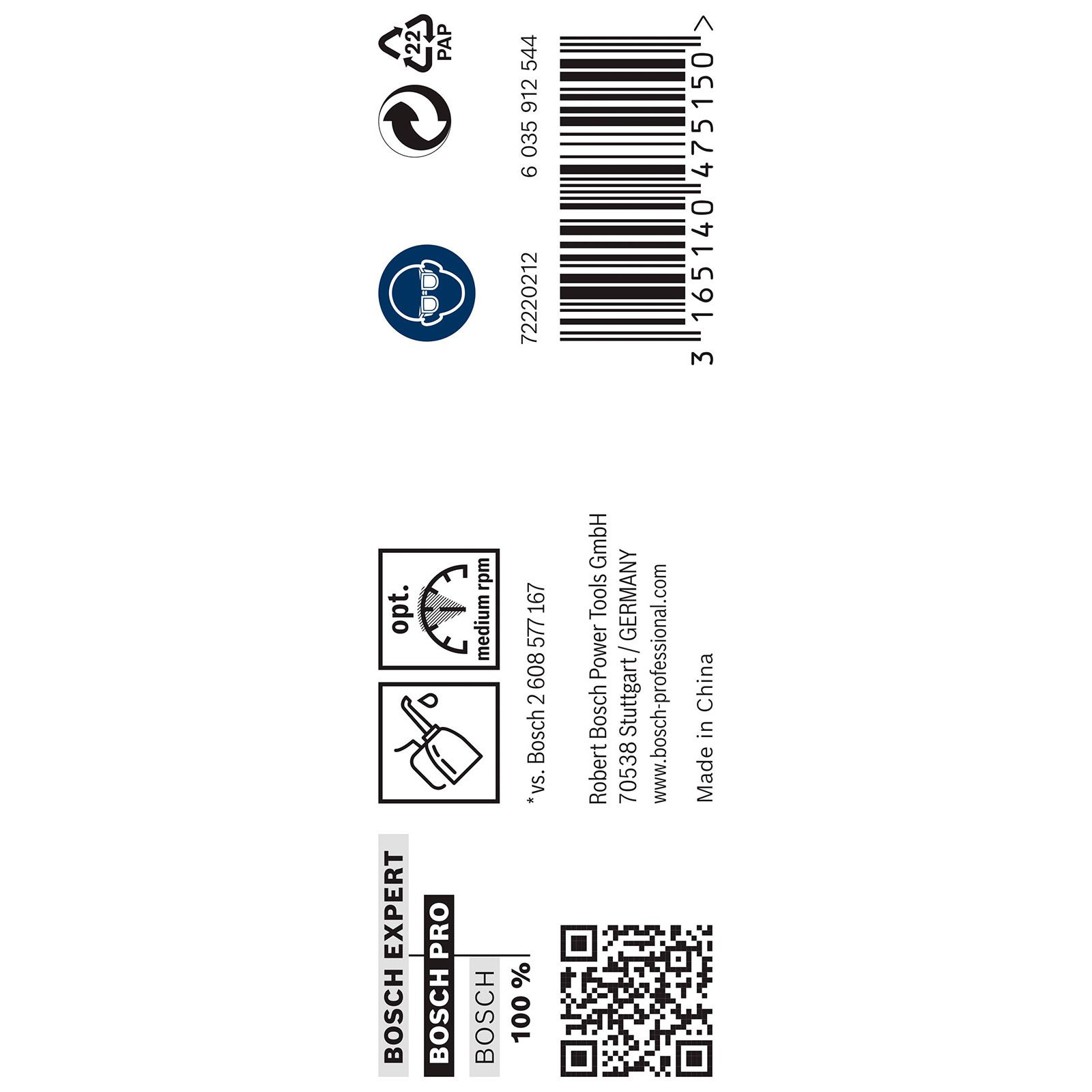 Produktetikett mit Bosch-Branding, QR-Code, Barcode, Recyclingsymbolen und Herstellungsdetails.
