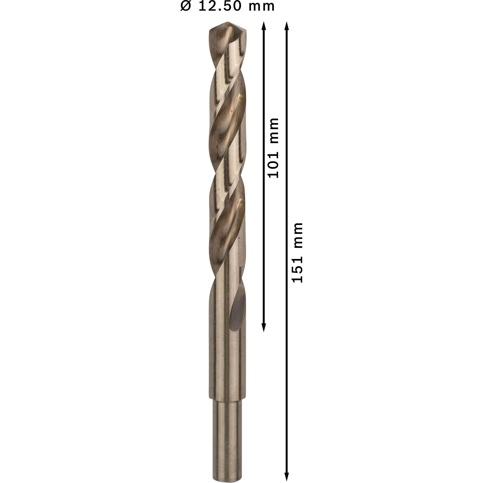 Eine Nahaufnahme eines Bohrers mit Maßen. Der Bohrer hat einen Durchmesser von 12,50 mm, eine Länge von 101 mm und eine Gesamtlänge von 151 mm.