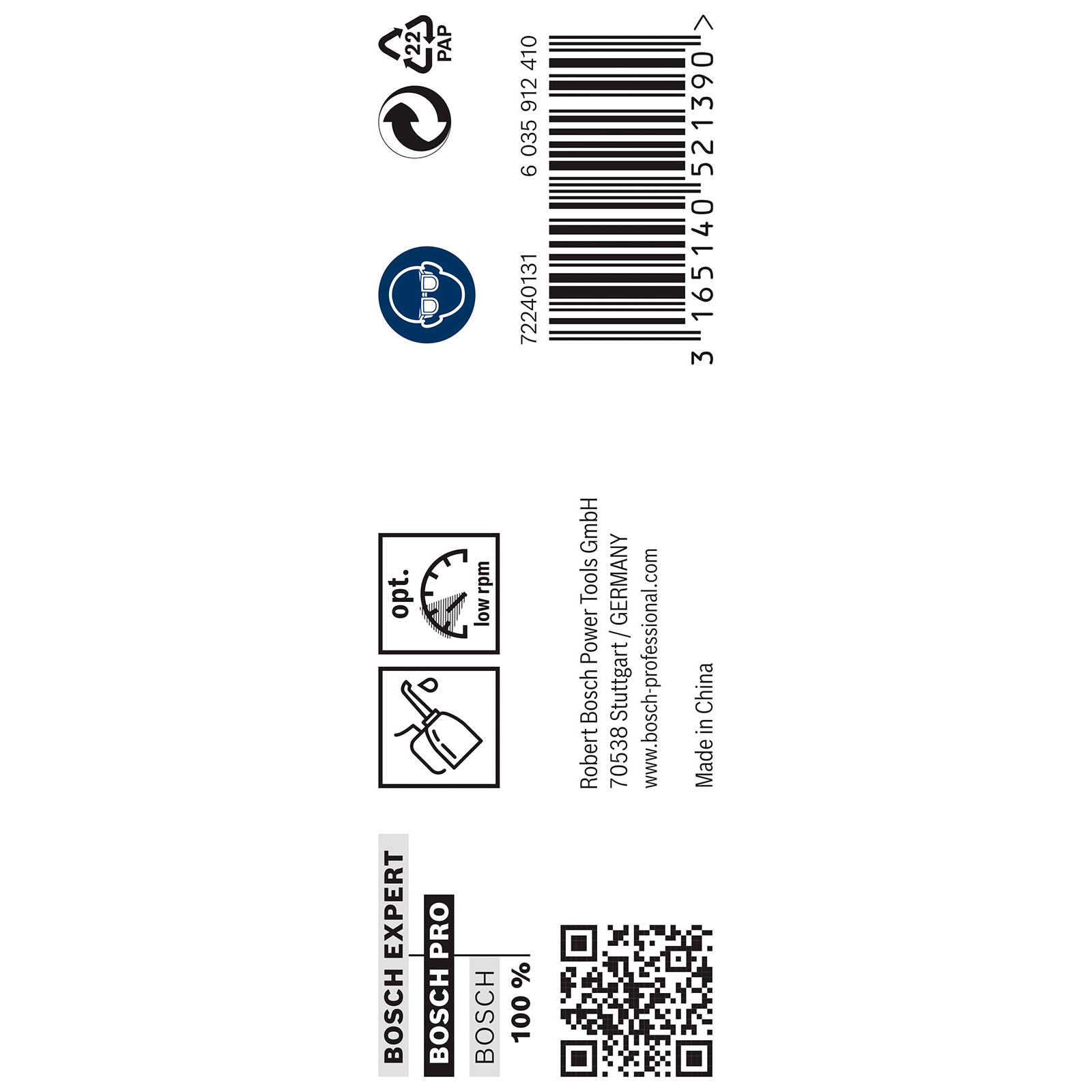 Produktetikett mit Bosch-Branding, QR-Code, Barcode, Recyclingsymbolen und Herstellungsdetails auf weißem Hintergrund.